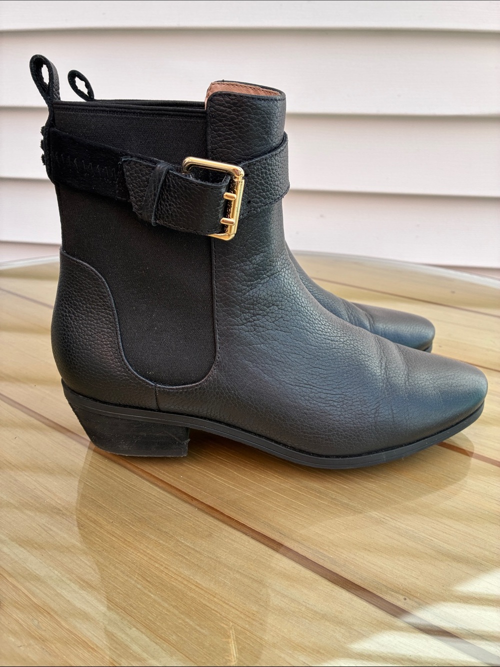 Jack Rogers Women’s Black Leather Ankle Boots with Gold Buckle